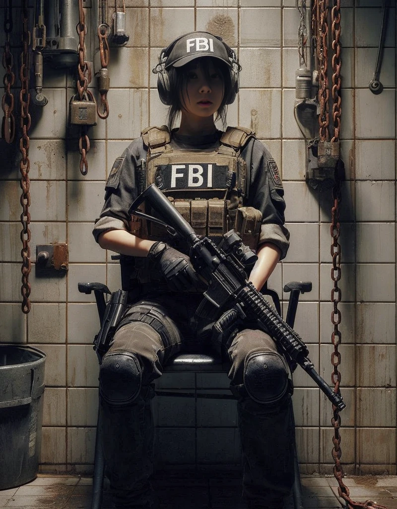 8K,Realistic Photo、Realistic Skin Texture、Superrealism、Japanese female member of FBI SWAT、nervous、Vigilance、Accurate equipment depiction、cap、Operation、Simple and large room、A rusty chain hanging from the ceiling、There was a steel chair in the center of the room.、Stains on the wall、Tiled wall、