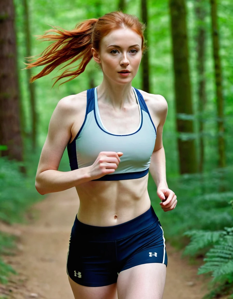 Photography full body of a very beautiful realistic girl, jogging in the forest, porcelain skin, very light skin, very pale skin, redhead, wavy, pony tail, Detail of skin structure, hazel eyes, Slit eyes, small-nose, small nostril, think of arched eyebrows, thick lower lip, seductive glance, happy face, unique face, Wear sportswear, detailed photo, foto realista, Masterpiece Image, sharp image, clear daylight outside