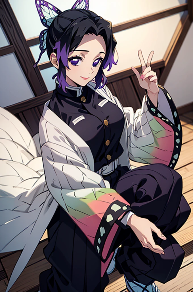 (masterpiece:1.3), (best quality:1.1), (8k, ultra detailed, ultra high res:1.2), ((anime style)), perfect 5 fingers, (perfect anatomy:1.2), 
1girl,
Shinobu Kochou, 
BREAK short hair, black hair, hair intakes, gradient hair, 
purple eyes, 
bow in hair, butterfly, 
large breasts,  
BREAK black shirt, black tethered pants, white haori, smile, 
looking at viewer, 
cowboy shot, 
perfect light, indoors, 