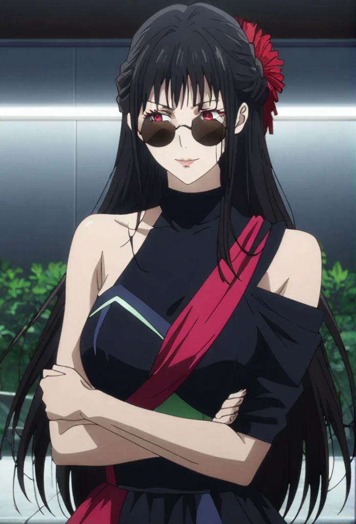 1girl, female gojo satoru, anime screencap from jujutsu kaisen, gojo satoru female version, solo, long_hair, red eyes ((black_hair)), night view, breasts, upper_body, smile, indoors, book, bangs, blue_eyes, lips, ((wearing round sunglasses)) , ((her hairstyle : The character in the image has long straight black hair)) wearing black color party dress, bare shoulder, breast, "very detailed and high resolution" (red eyes) ((cross arms))  ((long hair)) ((solo)) 