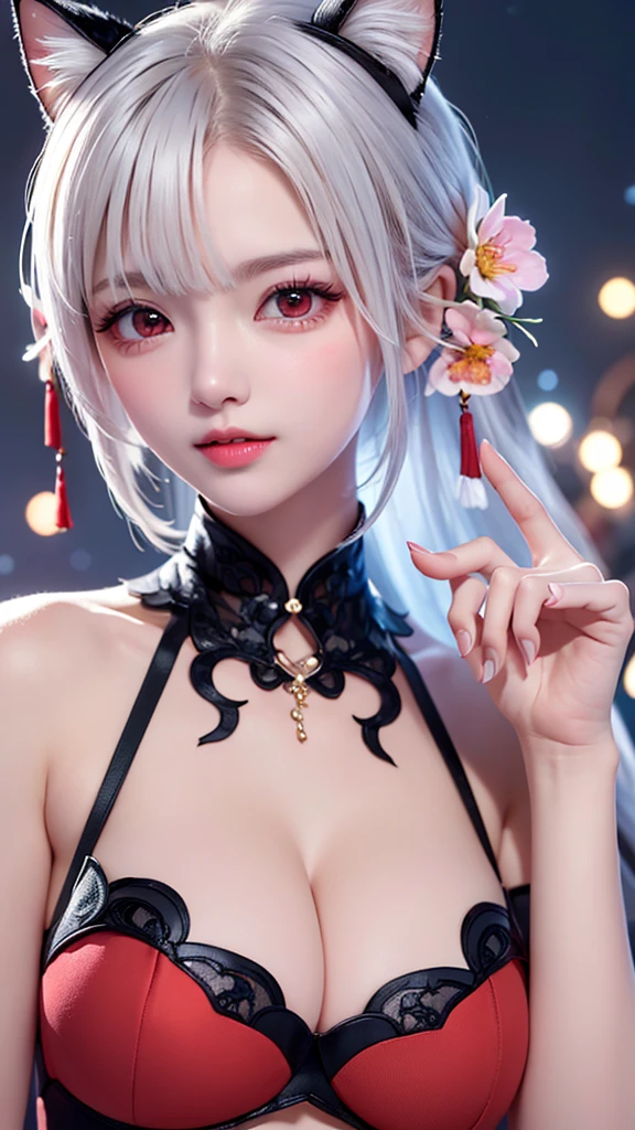Gentle and lovely Chinese beauty, Exquisite and sexy clavicle, Charming goose egg face, Double eyelids, Bright peach blossom eyes, Pink lips, Small upturned nose, Bare shoulders, focused face, Close-up of face, Ultra HD, Super Detail, full-body shot, Ultra-thin translucent, Cat ears, Snowflakes falling, Pure white hair, (High detail fingers: 1.5),((red eyes:1.2)),(big breasts:1.2),Exposing huge breasts,Reveals huge cleavage,绿色的short hair,short hair,short hair,Red eyes,Exposing huge breasts,Reveals huge cleavage,绿色的short hair,short hair,short hair,Red eyes,