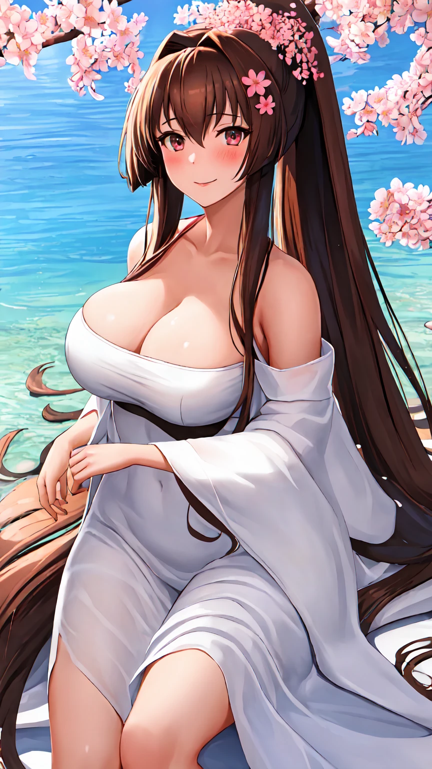best quality, masterpiece, highres, solo, {yamato_kantaicollection:1.15}, long_hair, brown_hair, ponytail, hair_ornament, flower, hair_flower, brown_eyes, smile, breasts, cherry_blossoms, large_breasts, very_long_hair, blush, hair_between_eyes, 1girl, ((white dress)), leaky shoulders, bandeau, cleavage, big , 