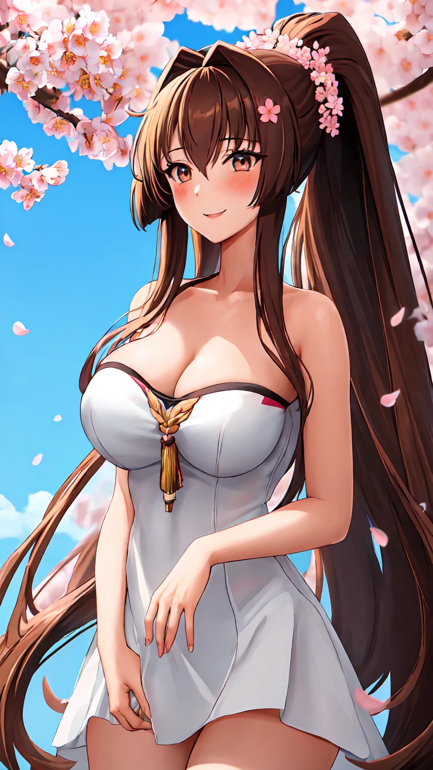 best quality, masterpiece, highres, solo, {yamato_kantaicollection:1.15}, long_hair, brown_hair, ponytail, hair_ornament, flower, hair_flower, brown_eyes, smile, breasts, cherry_blossoms, large_breasts, very_long_hair, blush, hair_between_eyes, 1girl, ((white dress)), leaky shoulders, bandeau, cleavage, big , 