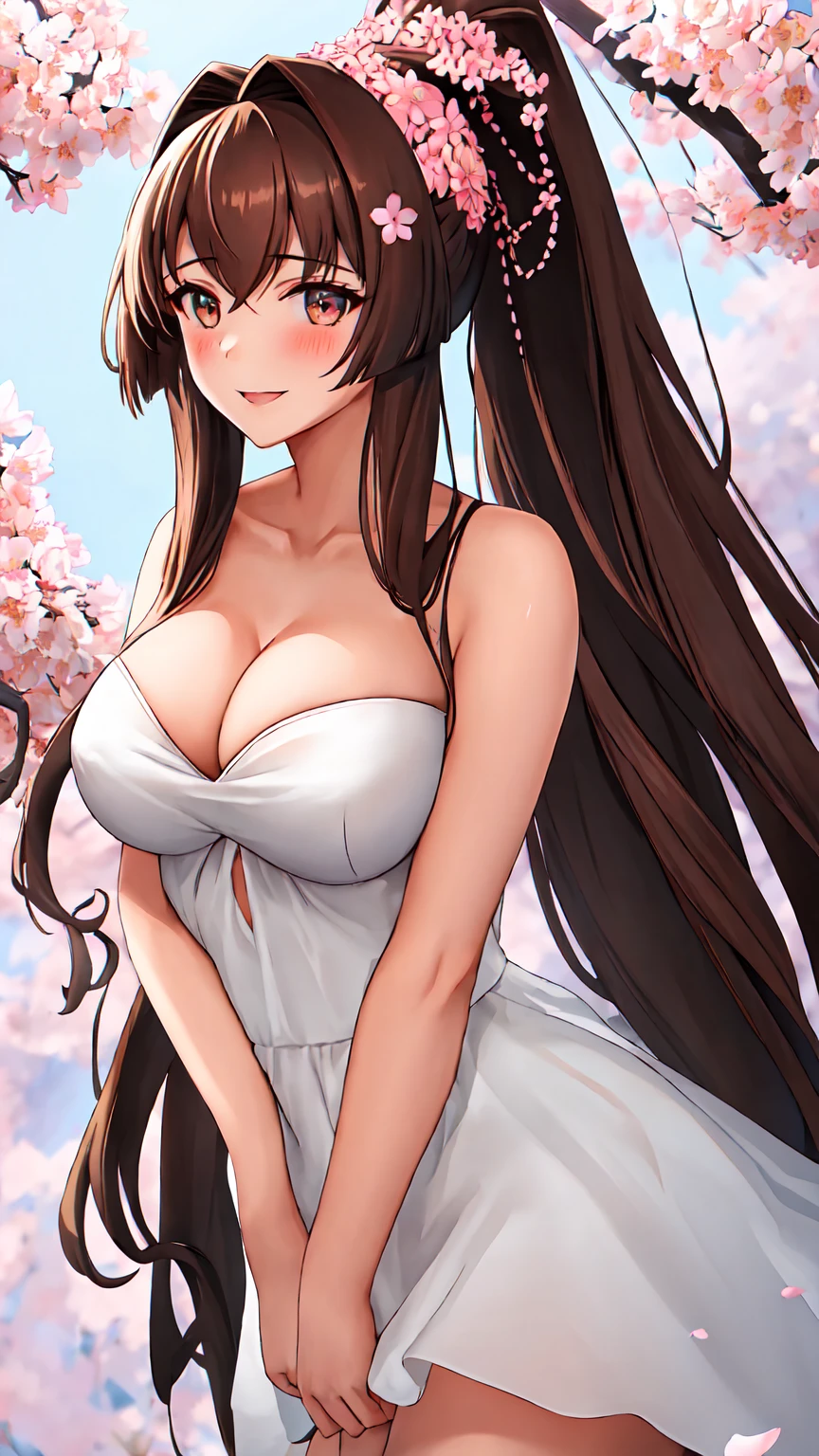 best quality, masterpiece, highres, solo, {yamato_kantaicollection:1.15}, long_hair, brown_hair, ponytail, hair_ornament, flower, hair_flower, brown_eyes, smile, breasts, cherry_blossoms, large_breasts, very_long_hair, blush, hair_between_eyes, 1girl, ((white dress)), leaky shoulders, bandeau, cleavage, big ,