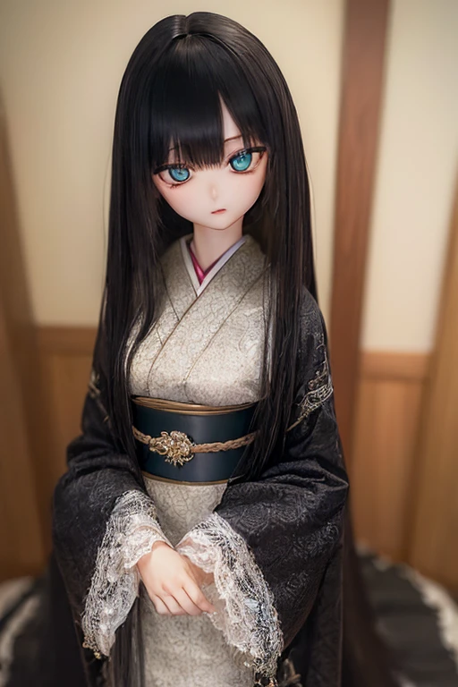 (SFW:2), photorealistic, realistic photo, ((highest quality)), ((masterpiece)), ((extremely detailed)), kukolnydom, doll, (mature woman, 22yo, 22 years old:1.6), solo, ((cowboy shot, seiza, skinny, slender, slim, kimono, obi, hair ornament)), green eyes, parted lips, (black hair, long hair, looking at another, blank eyes, empty eyes, detailed eyes, detailed clothes:1.3), Japanese room, 8k
