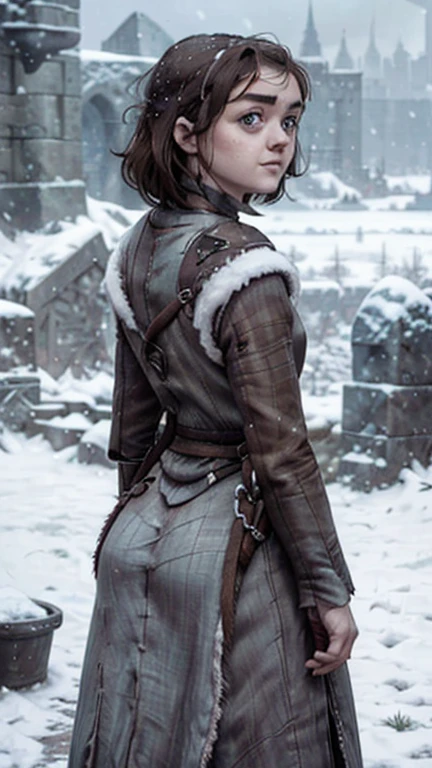 8k, Maisie Williams face, beautiful face, game of thrones character model, smiling, pale white skin, toned abs, small breast, round ass, tight ass, tight asshole, tight pussy, virgin pussy, her round ass visible, tied long brown hair, Maisie Williams as Arya Stark, torn ragged peasant dress, standing stance, winterfell city in background, snowing, back View, sharp focus on her ass