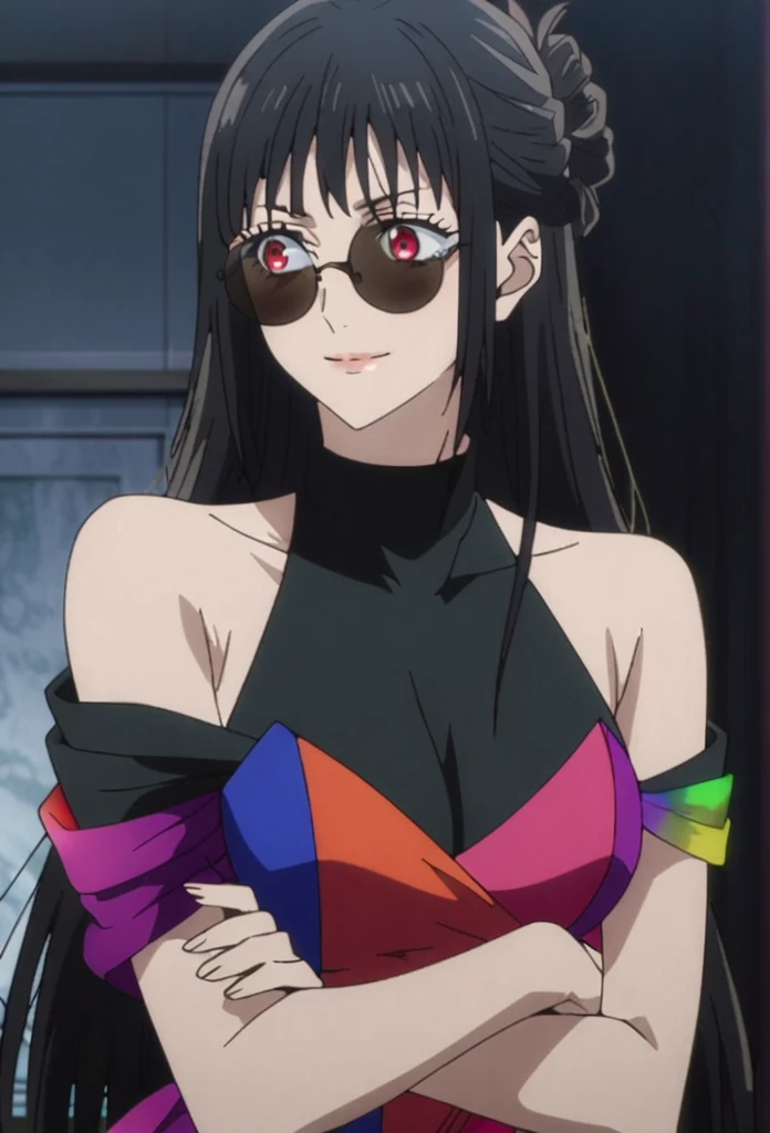1girl, female gojo satoru, anime screencap from jujutsu kaisen, gojo satoru female version, solo, long_hair, red eyes ((Phantom black_hair)), night view, breasts, upper_body, smile, indoors, book, bangs, blue_eyes, lips, (wearing round sunglasses) , ((her hairstyle : The character in the image has long straight black hair)) wearing black color party dress, bare shoulder, breast, "very detailed and high resolution" (red eyes) ((cross arms))  ((long hair)) ((solo))