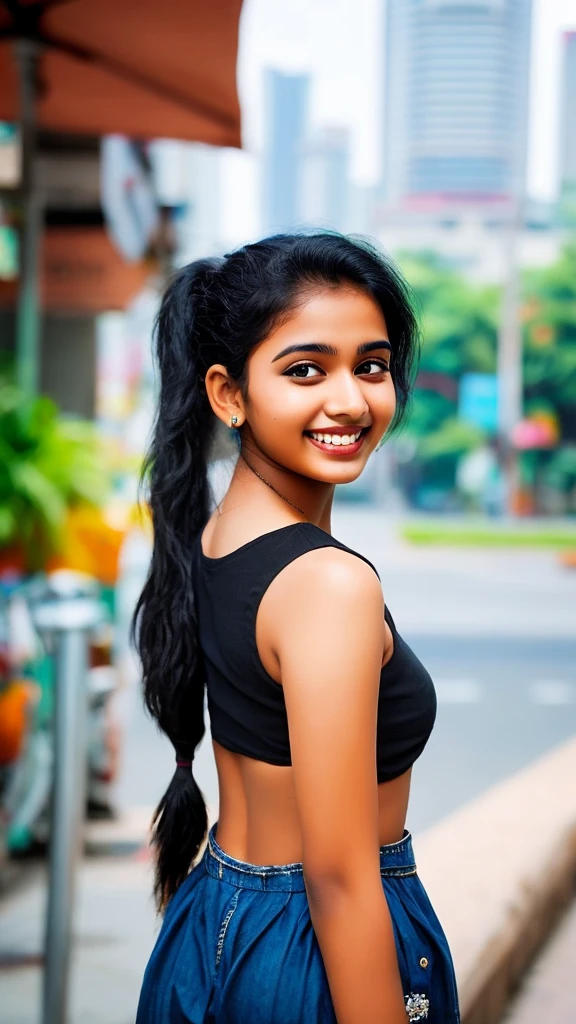 Blurred Indian cityscape, summer、 Black Hair, Beautiful 19 year old Indian woman、summerらしく, ponytail,Masterpiece、smile