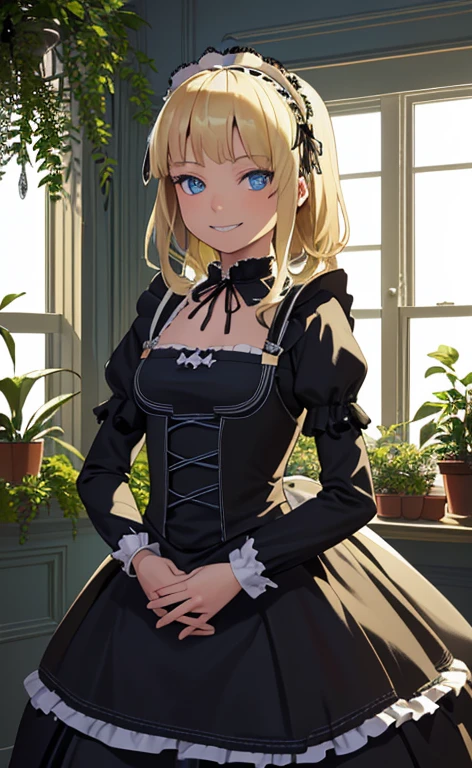 (masterpiece:1.5、Photorealistic:1.4,High Saturation:1.4、high resolution:1.4)、,(spot light:1.2、Exquisite beautiful eye:1.5,)、()、
(kind eyes、tareme:1.4),()、(Cute Face)、(blonde hair:1.5)、(middle hair:1.5),(sidelock :1.6),(blunt bangs:1.3),(1 girl)、(blue eyes:1.2)、(cowboy shot:1.5)、(forced smile:1.5),()、()、() ,(),(flat chest),(),(gothic ta maid:1.5),(A room full of plants:1.5)、()、()、Slim Body(),Shiny Hair、girl、