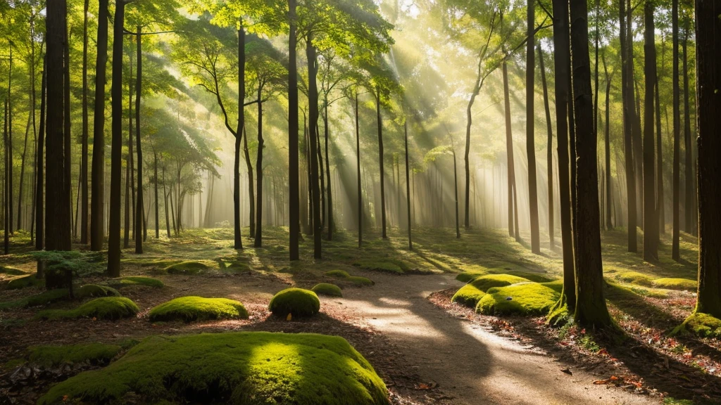 Primary forest,Large hardwood,wood々Sunlight shining through,Mossy stone,大wood1本