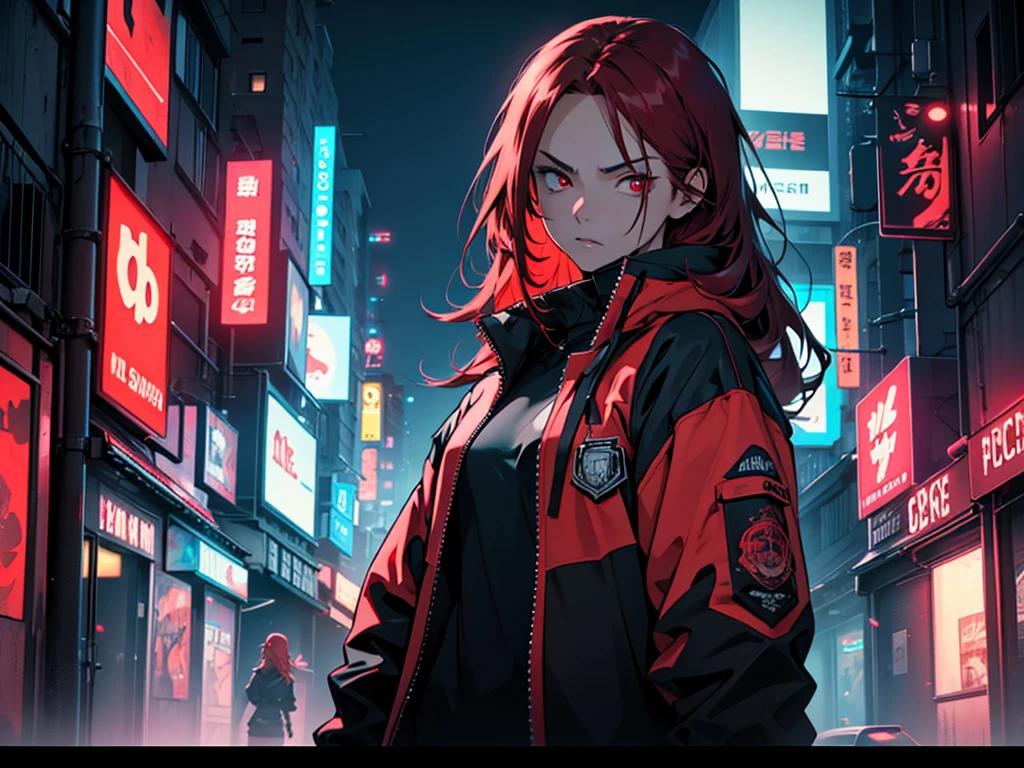 (masterpiece, best quality, Detailed), detailed face. A cinematographic scene of a serious badass long red hair girl, red eyes, with black techwear clothes, Neon lights and buildings background.
