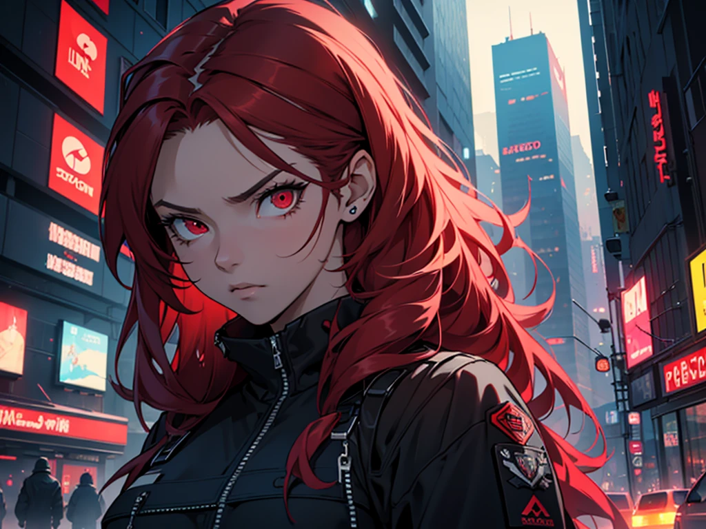 (masterpiece, best quality, Detailed), detailed face. A cinematographic scene of a serious badass long red hair girl, red eyes, with black techwear clothes, Neon lights and buildings background.