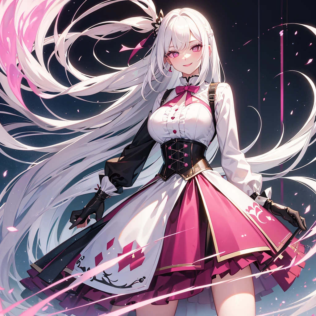 white hair, pink eyes, long hair, skirt, sticky, corset top, smile, lipstick, bright eyes, whole body, large plan,