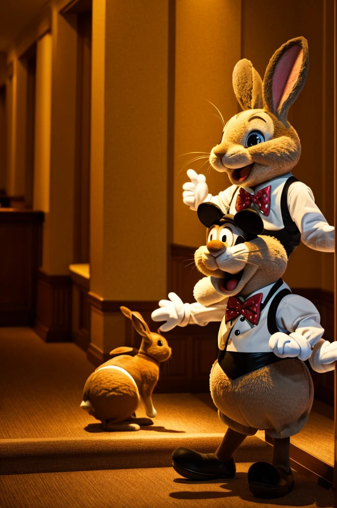 Walt Disney cartoon drawings of Rabbit singing karaoke,in the hall of a 5 star hotel,dim light, many audience amid 12k hd photos.