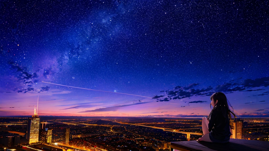 octans, sky, star (sky), scenery, starry sky, night, 1girl, night sky, solo, outdoors, building, cloud, milky way, sitting, tree, long hair, city, silhouette, cityscape