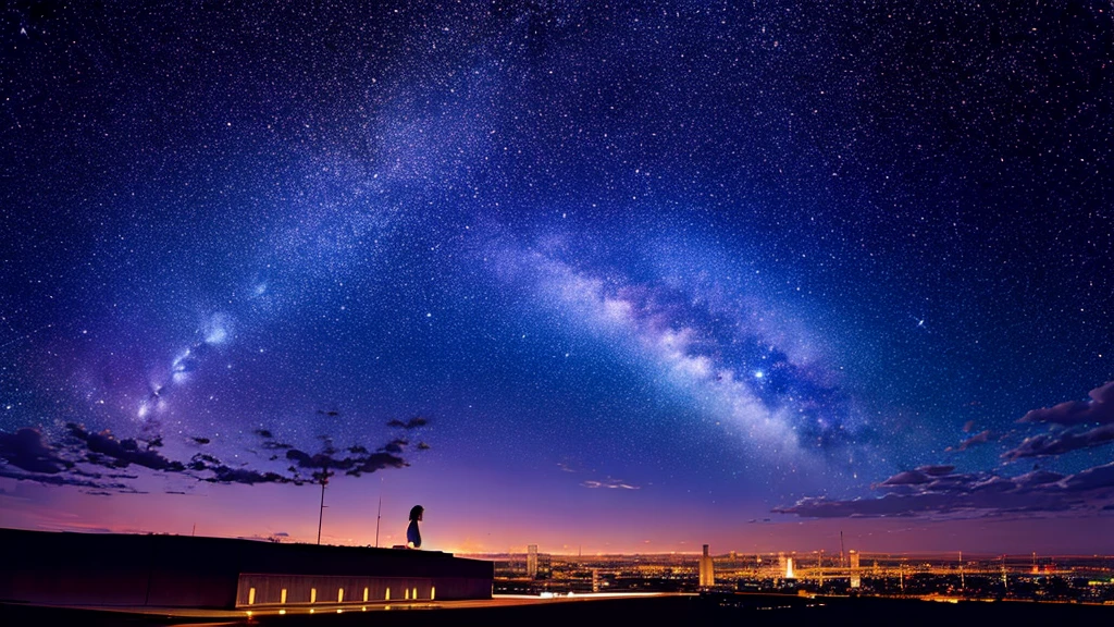 octans, sky, star (sky), scenery, starry sky, night, 1girl, night sky, solo, outdoors, building, cloud, milky way, sitting, tree, long hair, city, silhouette, cityscape