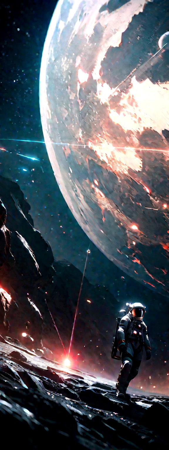 An astronaut walks on a rocky surface with a planet in the background, A beautiful space sci-fi epic, 4K highly detailed digital art, 3d Provide a whistle, Highly detailed 4K HD wallpaper, arstation and very whistle, Cinematic siren, Beautiful science fiction art, Science fiction game art in space, Amazing wallpaper, A masterpiece of art and whistle