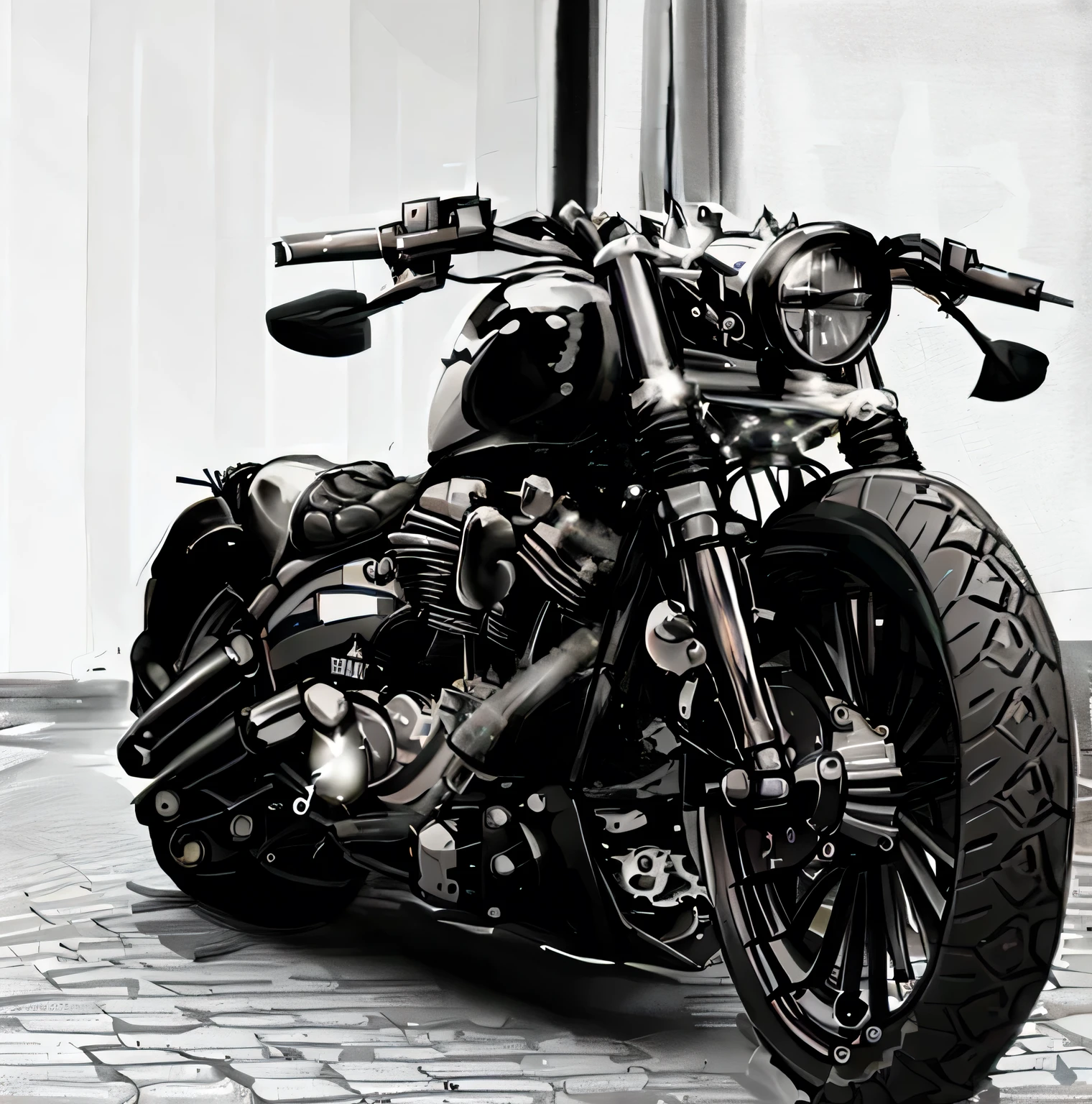 There is a black and white photo of a motorcycle parked on the street, Harley Davidson Moto, motocicleta, Motocicletas, Harley Davidson, com grandes tubos cromados, cromo e carbono, chrome motorcycle parts, motocicleta, olhar, in style of chrome hearts, motocicleta steampunk, preto & Branco, Directed by: Hans Schwarz, cool looking, motociclista, motocicleta futurista, Elegante!!!