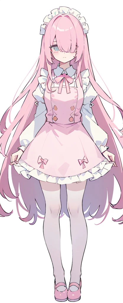 (((Long pinky Beautiful Hair))),pink hair,kawai,(((Eyes visible from bangs,hair over eyes:1.3))),,Huge breasts,(cyan color eyes),,(pink slanted eyes),1girl in,bangs,long CYAN  hair, pantyhose,Cowboy Shot,white background,short hair,smiled,(wearing pink maid clothes), (maid dress type must have a perfect pink vest), Bangs should be long to the tip of the chin(((Standing pose facing to the right side free hand pose))), white background, Perfect arm fingers,,, 1 girl, ((The image must match the tag)) Bangs almost cover the eyes full body (The character's entire body from top to bottom is completely visible) (The character's entire body is visible from head to toe) wearing shiny pink shoes (full body image full body image) full body image full body image) white background, Long slim legs