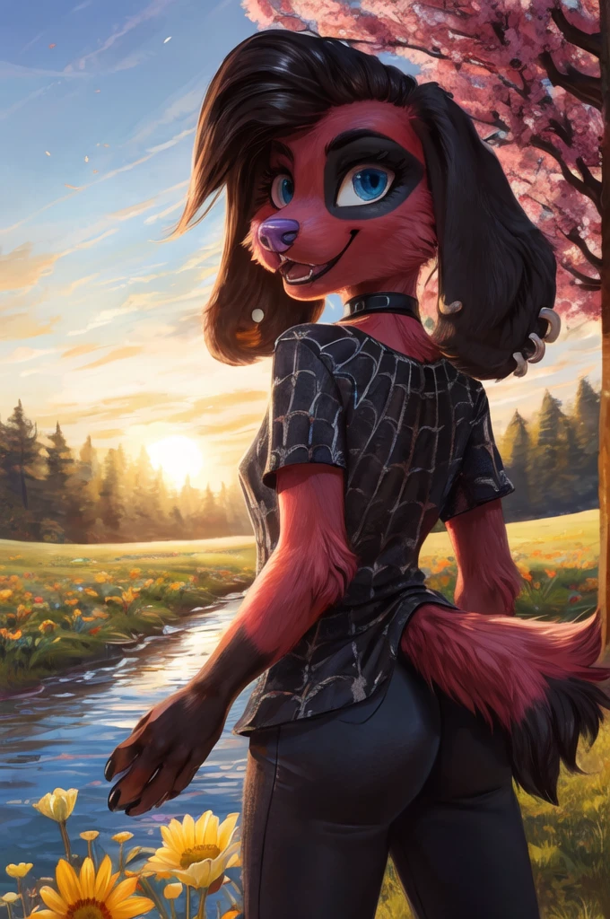 cherry, furry, dog, blue eyes, spider-web Tee, black leggings, red fur,black ears,ear piercings, choker, purple nose, looking at viewer, smiling, standing, outside, field, flowers, tree, river, blue sky, high quality, masterpiece, 