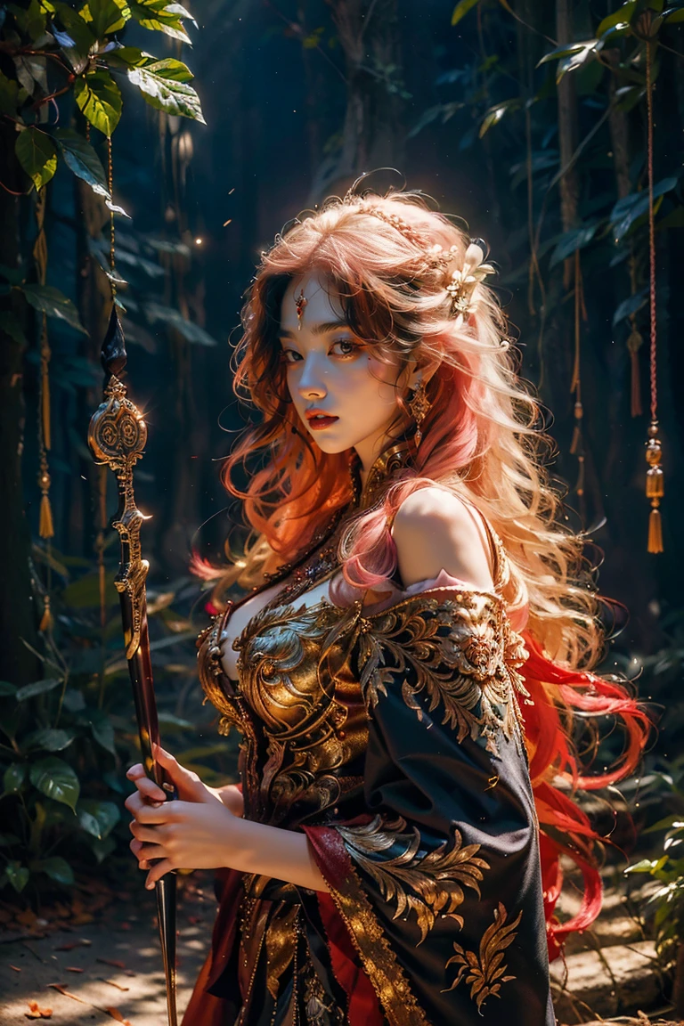 (lifelike:1.4), Beautiful and delicate girl, (((Holding a long knife in both hands facing the audience))),Holding Miao Dao in both hands,facing the audience,(forest:1.3),(disdainful expression),whole body,Very detailed , beautiful and delicate eyes, (whole body:1.3), (Pink single braid:1.2), super detailed, high resolution, Very detailed, best quality, masterpiece, illustration, Very detailed, CG,, 8k wallpaper, Astonishing, delicate skin,fine details, masterpiece ,best quality, Very detailed CG uniform 8k wallpaper, 18 years old, long pink hair, (big breasts), (beautiful eyes), White skin, , Delicate skin tone, hair accessories,single braid, young,ezh