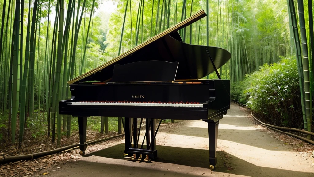 A grand piano in the middle of the woods near a river,A grand piano in the middle of a bamboo forest、wood々The sun twinkles from between,quiet