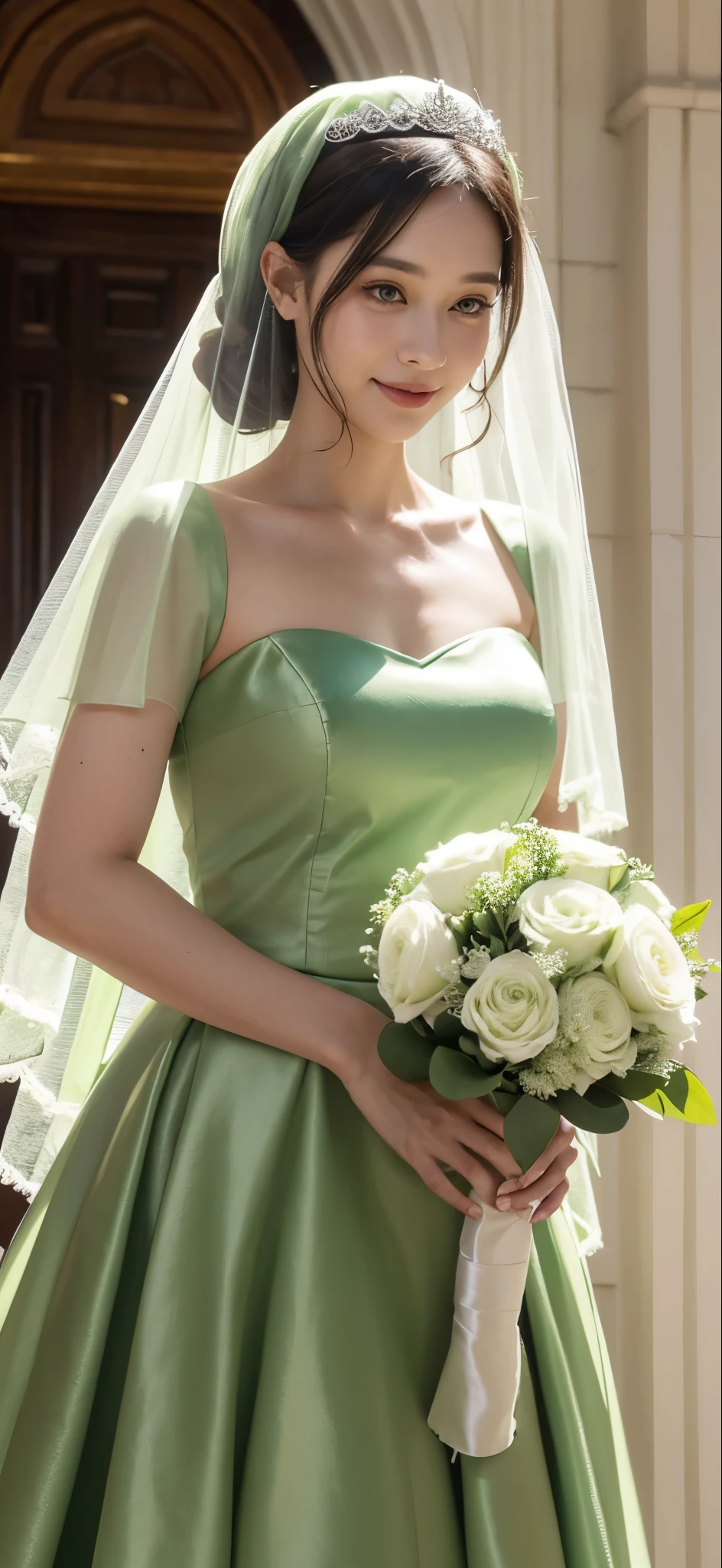 A woman wearing a green veil and green dress at a wedding and holding a green bouquet