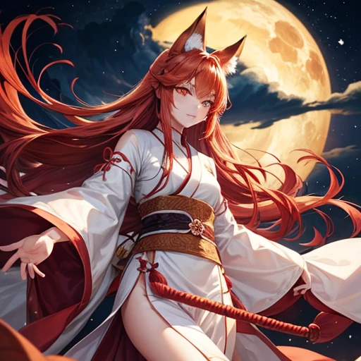 Women,tsurime,Orange eyes,Fox_ear,Foxのしっぽ,red_hair,Low-tied long hair,Hanfu,One boy