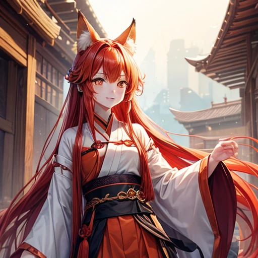 Women,tsurime,Orange eyes,Fox_ear,Foxのしっぽ,red_hair,Low-tied long hair,Hanfu,One boy