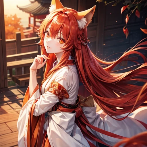 Women,tsurime,Orange eyes,Fox_ear,Foxのしっぽ,red_hair,Low-tied long hair,Hanfu,One boy