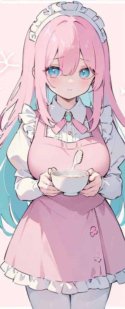 (((Long cyany Beautiful Hair))),cyan hair,kawai,(((Eyes visible from bangs,hair over eyes:1.3))),,Huge breasts,(pink color eyes),,(pink slanted eyes),1girl in,bangs,long CYAN hair, pantyhose,Cowboy Shot,white background,short hair,smiled,(wearing pink maid clothes), (maid dress type must have a perfect pink vest), Bangs should be long to the tip of the chin(((, focusing on the bowl containing the dough and holding a spoon to stir it))), Kitchen room background, Perfect arm fingers,,, 1 girl, ((The image must match the tag)) Bangs almost cover the eyes full body (The character's entire body from top to bottom is completely visible)