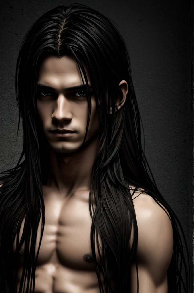 A boy he is bit long hair and a dark art style in animated