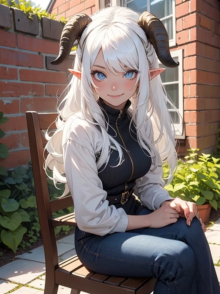 (goat horns, girl, solo, white hair, long hair, blue eyes, pointy ears), (looking at viewer, closed mouth, smile), sitting down, chair, wine, brick walls, house, outdoors, garden.