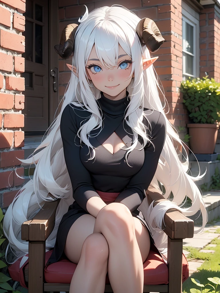 (goat horns, girl, solo, white hair, long hair, blue eyes, pointy ears), (looking at viewer, closed mouth, smile), sitting down, chair, wine, brick walls, house, outdoors, garden.