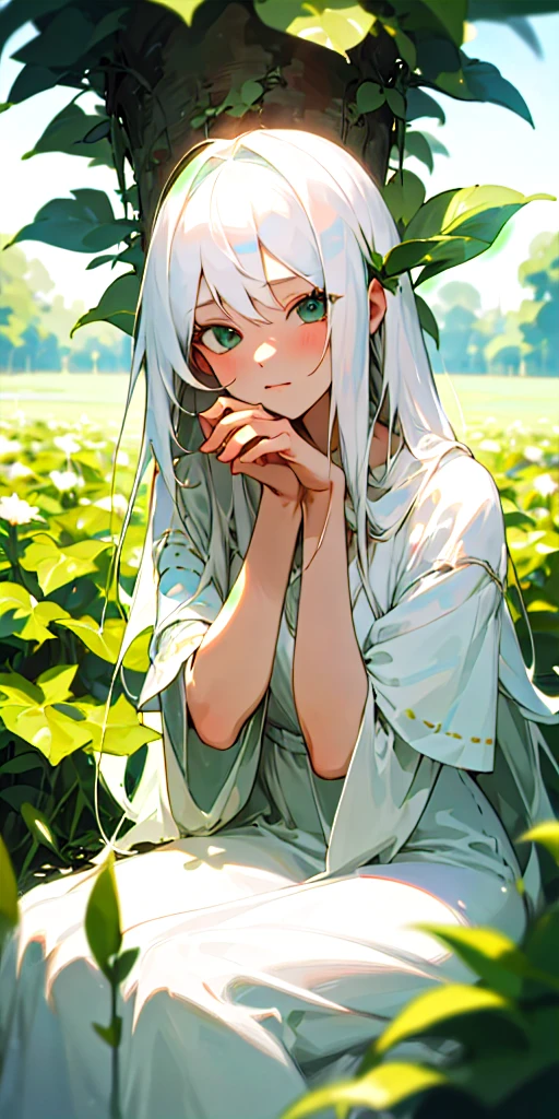 (masterpiece, best quality),1girl with long white hair sitting in a field of green plants and flowers, her hand under her chin, warm lighting, white dress, blurry foreground