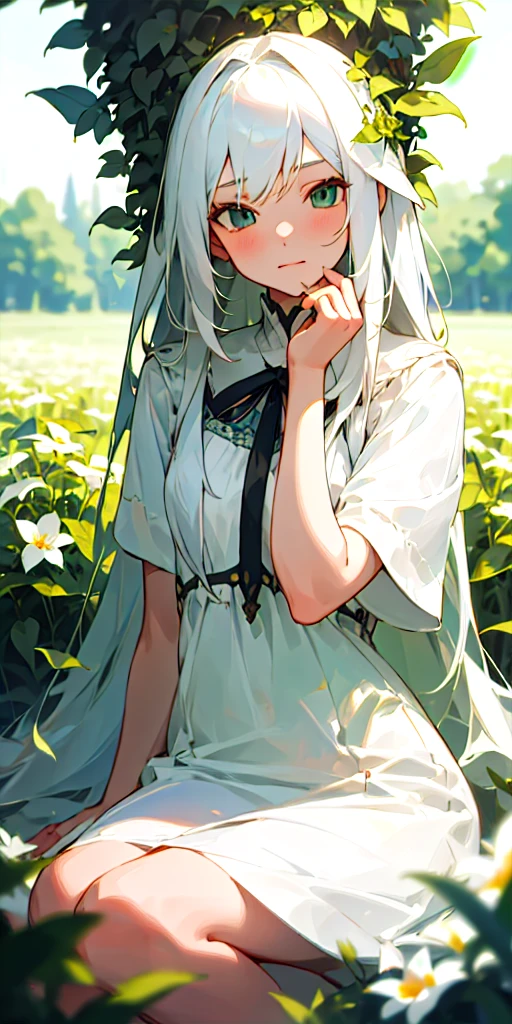(masterpiece, best quality),1girl with long white hair sitting in a field of green plants and flowers, her hand under her chin, warm lighting, white dress, blurry foreground