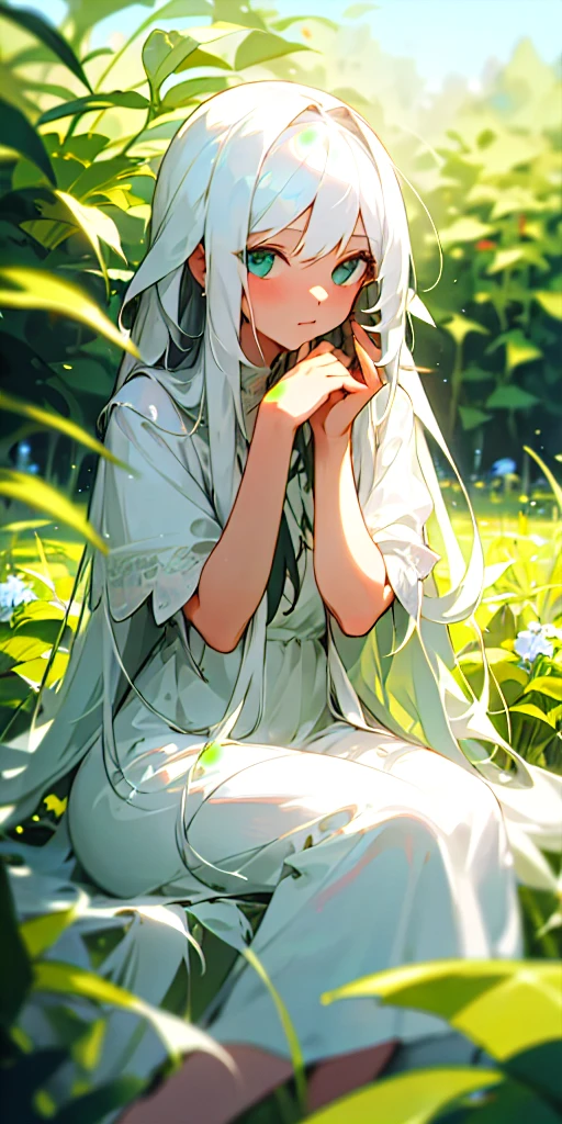 (masterpiece, best quality),1girl with long white hair sitting in a field of green plants and flowers, her hand under her chin, warm lighting, white dress, blurry foreground