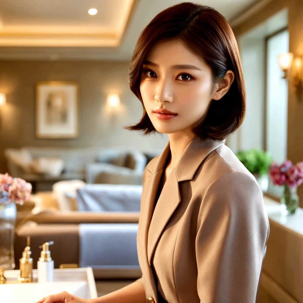 there is a woman that is sitting in a chair in a room, exclusive, li zixin, professional image, beauty woman, yun ling, elegant high quality, high quality portrait, sha xi, good looking, elegant look, lulu chen, high-end, jinyiwei, high - end, elegent, wenfei ye, with professional makeup, pleasing aesthetics