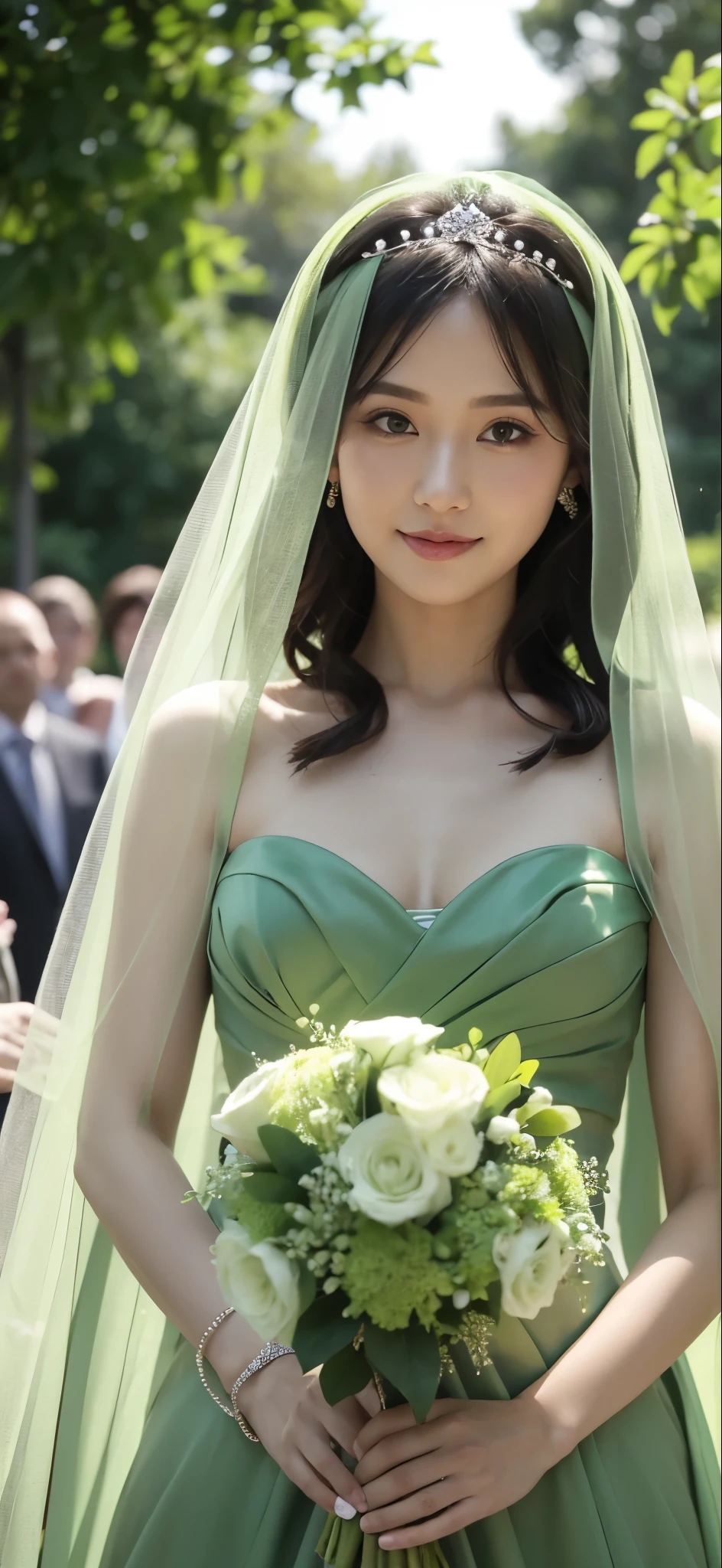 A woman wearing a green veil and green dress at a wedding and holding a green bouquet