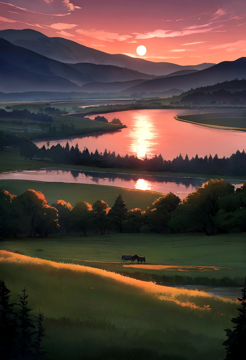 masterpiece, Highest quality, nature, forest, Pasture, river, Mountain々, Bright Red Sunset, Pink Cloud, The moon is visible in the distance, Real Life, Better lighting, Best Shadow