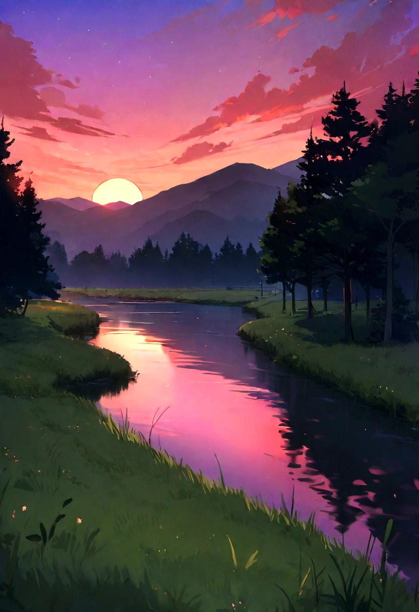 masterpiece, Highest quality, nature, forest, Pasture, river, Mountain々, Bright Red Sunset, Pink Cloud, The moon is visible in the distance, Real Life, Better lighting, Best Shadow