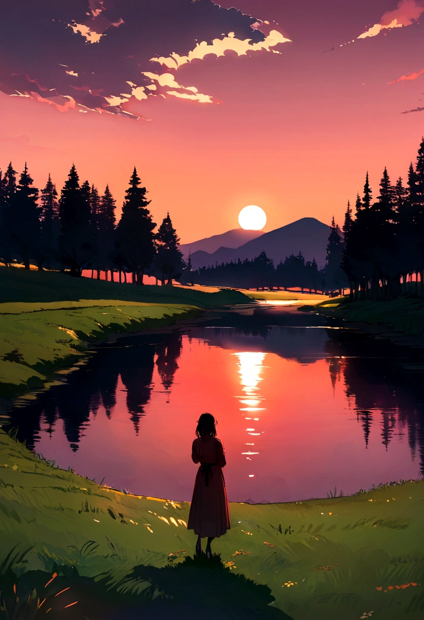 masterpiece, Highest quality, nature, forest, Pasture, river, Mountain々, Bright Red Sunset, Pink Cloud, The moon is visible in the distance, Real Life, Better lighting, Best Shadow