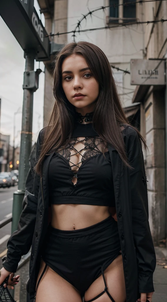 Girl with gothic net symbolic clothes, (Barbed wire of the body) brunette color hair，Gray hair ends