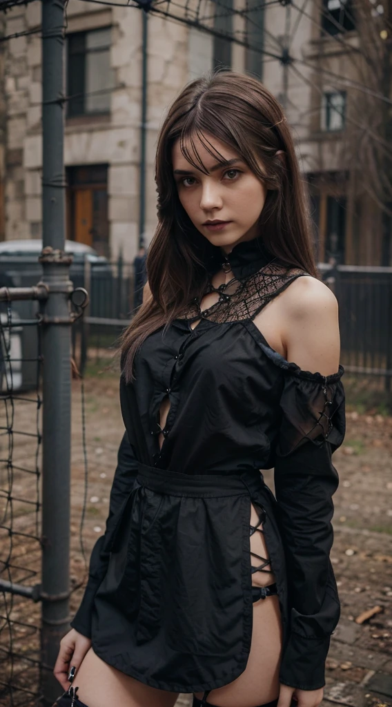 Girl with gothic net symbolic clothes, (Barbed wire of the body) brunette color hair,Gray hair ends