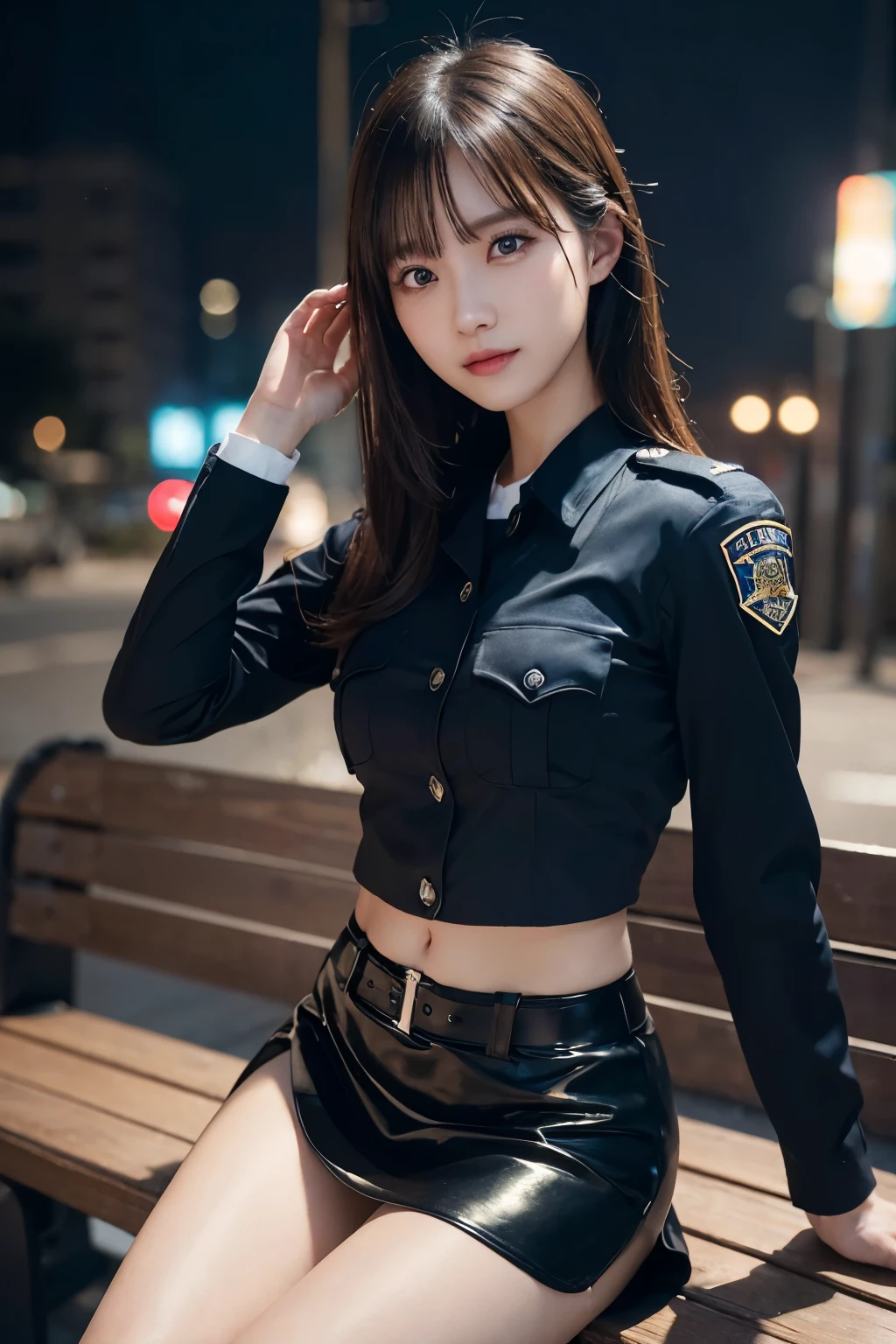 An innocent 20-year-old girl、((Police Girl, Sexy police uniform, skirt, Cute and elegant, Dramatic Pose)),smile,Night city background,Shortcuts、RAW Photos, (8K、Highest quality、masterpiece:1.2)、(Intricate details:1.4)、(Realistic:1.4)、Octane Rendering、Complex 3D rendering with ultra-detail, Studio Soft Light, Rim Light, Crisp details, Super detailed, Realistic skin texture, detailed aspects, Beautiful details in the eyes, Highly detailed CG Unity 16k wallpaper, Compensate, (Detailed Background:1.2), Glowing Skin, whole body,Hands down、Spread your legs and show me your panties,Sit on a bench