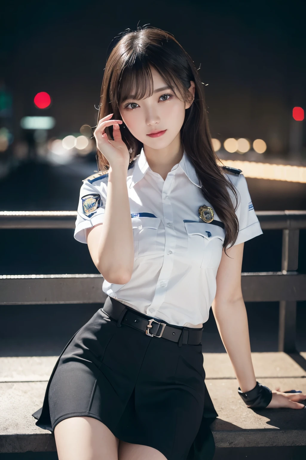 An innocent 20-year-old girl、((Police Girl, Sexy police uniform, skirt, Cute and elegant, Dramatic Pose)),smile,Night city background,Shortcuts、RAW Photos, (8K、Highest quality、masterpiece:1.2)、(Intricate details:1.4)、(Realistic:1.4)、Octane Rendering、Complex 3D rendering with ultra-detail, Studio Soft Light, Rim Light, Crisp details, Super detailed, Realistic skin texture, detailed aspects, Beautiful details in the eyes, Highly detailed CG Unity 16k wallpaper, Compensate, (Detailed Background:1.2), Glowing Skin, whole body,Hands down、Spread your legs and show me your panties,Sit on a bench