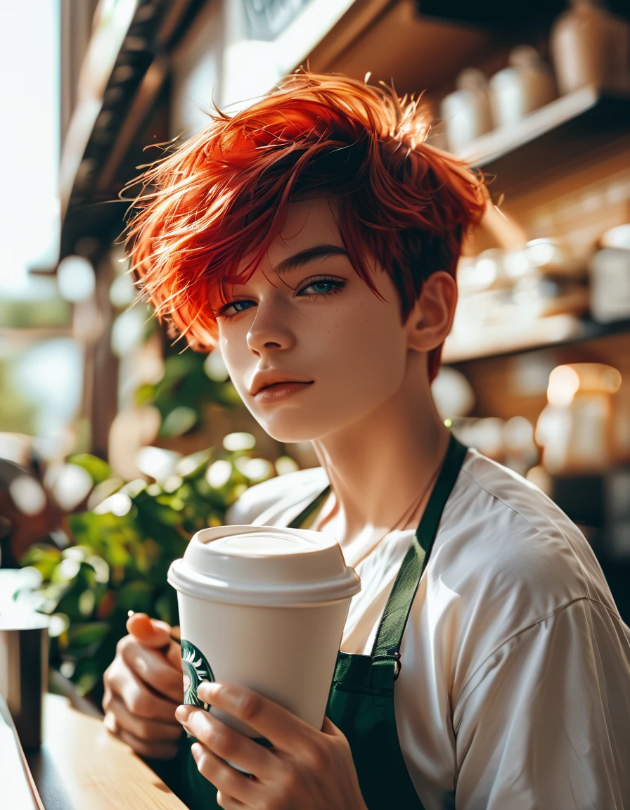 score_9, score_8_up, score_7_up, handsome tomboy , red hair ,Barista , coffee shop
