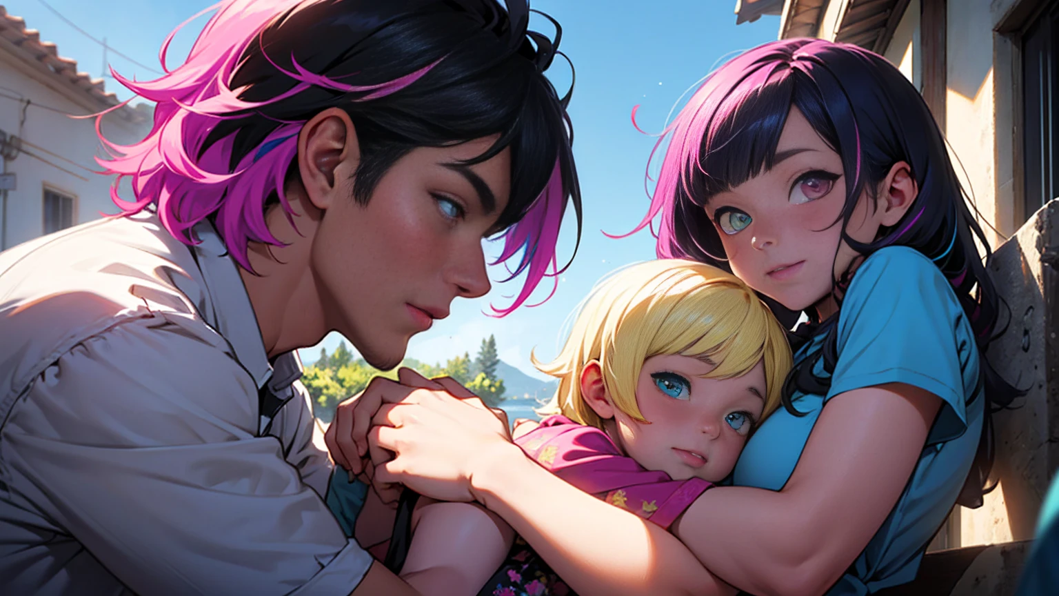 {{masterpiece}}, 最high quality, Very detailedな CG ユニティ 8k 壁紙, Cinema Lighting, Lens flare, Beautiful details in the eyes, black, Sideways glance, Multicolored Hair, colorful light, particle, Heterochromia iridis, (colorful:1.5), (colorful hair:1.5),{{masterpiece}}, 最high quality, Very detailedな CG ユニティ 8k 壁紙, Cinema Lighting, Lens flare, Beautiful details in the eyes, black, Sideways glance, Multicolored Hair, colorful light, particle, Heterochromia iridis, (colorful:1.5), (colorful hair:1.5),masterpiece, 最high quality, Official Art, 8k wallpaper, Very detailed, Very delicate and beautiful, wonderful, In detail, masterpiece, Super detailed, High resolution,Best illustrations, Best Shadow,Complex,Sharp focus, high quality, A young father holds his young twin boys and girls in his arms tightly and warmly、Draw a scene filled with love and security.。My father is on his way home from work.、Children are innocent and carefree。In the background澄み切った青空が広がり、A view of a stylish modern mansion in Pula, Croatia in summer。The bright sunlight illuminates the house and the sparkling sea.。 In fact, this30The father of the generation was the former Constantine1This is the world.、The boy-girl twins are formerly Crispus and Fausta。The whole scene、atonement、Forgiveness、Healing、Purification、And the theme of repairing relationships was emphasized.、It expresses the moment when family love and bonds deepen.。 The father's expression shows deep love and relief.、The twins have innocent smiles on their faces.。In the background、The beautiful sea of Croatia spreads out before you、The sparkle enhances happy family moments.。, Digital illustration portrait, In the art style of Bouwater, Blackpink's Joshi portrait, Digital Portrait, Digital Art Portrait, Realism art style, high qualityのポートレート,{{masterpiece}}, 最high quality, Very detailedな CG ユニティ 8k 壁紙, Cinema Lighting, Lens flare, Beautiful details in the eyes, black, Sideways glance, Multicolored Hair, colorful light, particle, Heterochromia iridis, (colorful:1.5), (colorful hair:1.5),{{masterpiece}}, 最high quality, Very detailedな CG ユニティ 8k 壁紙, Cinema Lighting, Lens flare, Beautiful details in the eyes, black, Sideways glance, Multicolored Hair, colorful light, particle, Heterochromia iridis, (colorful:1.5), (colorful hair:1.5),masterpiece, 最high quality, Official Art, 8k wallpaper, Very detailed, Very delicate and beautiful, wonderful, In detail, masterpiece, Super detailed, High resolution,Best illustrations, Best Shadow,Complex,Sharp focus, high quality, A young father holds his young twin boys and girls in his arms tightly and warmly、Draw a scene filled with love and security.。My father is on his way home from work.、Children are innocent and carefree。In the background澄み切った青空が広がり、A view of a stylish modern mansion in Pula, Croatia in summer。The bright sunlight illuminates the house and the sparkling sea.。 In fact, this30The father of the generation was the former Constantine1This is the world.、The boy-girl twins are formerly Crispus and Fausta。The whole scene、atonement、Forgiveness、Healing、Purification、And the theme of repairing relationships was emphasized.、It expresses the moment when family love and bonds deepen.。 ,