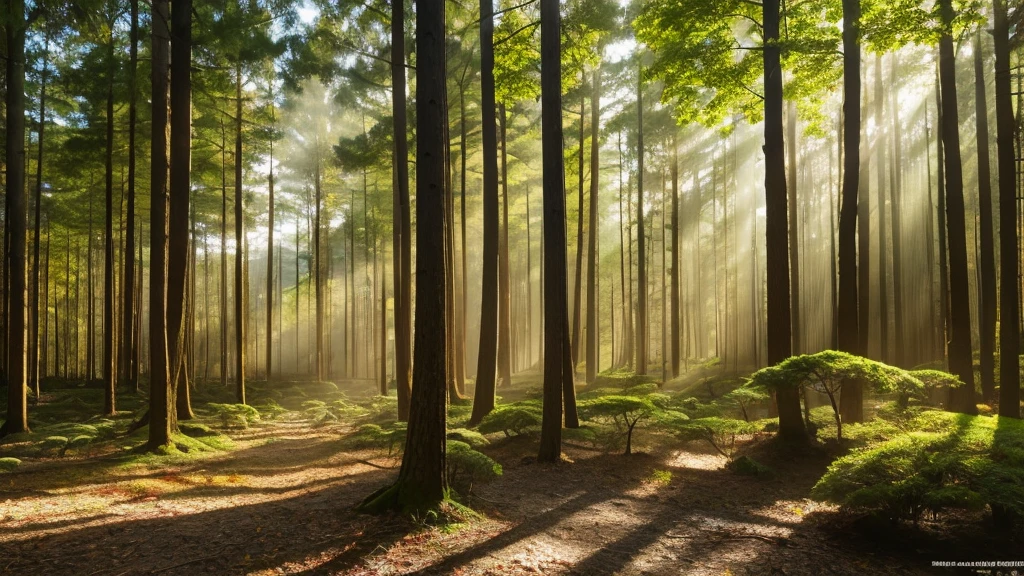 Primary forest,Large hardwood,wood々Sunlight shining through,Mossy stone,大wood1本