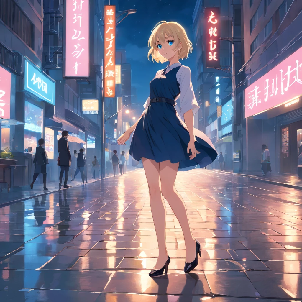Women, ((Blonde)), ((Blue eyes)), ((Short hair)), ((Full shot)), very detailed makeup, pale pink lipstick, long earrings, wearing a little black dress, with High Heeels, at night in a Boulevard ((wet floor)) ((full body))